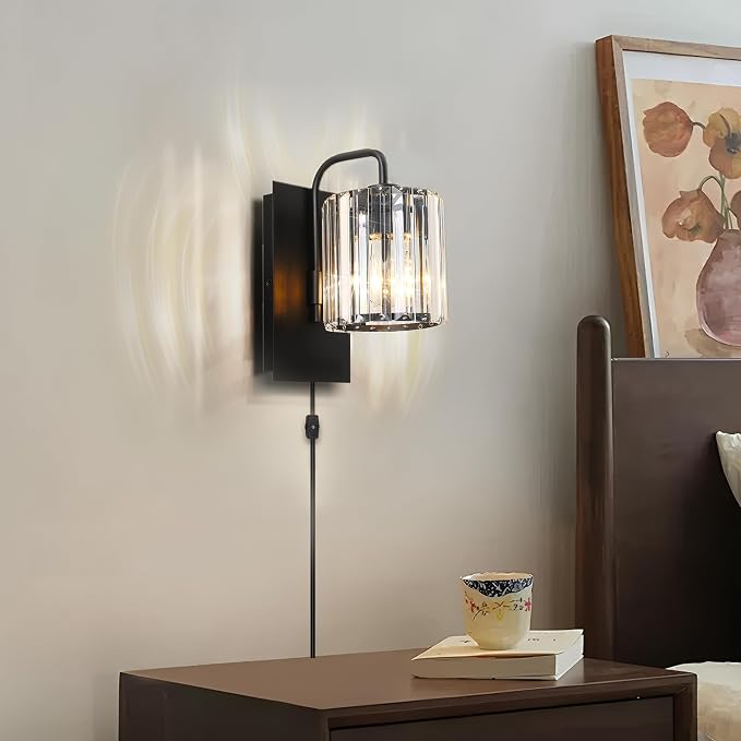 Plug in Crystal Wall Sconces, Black Plug in Sconce with Dimmer Cord | 10 inch Glass Wall Light Fixtures with Cord for Living Room Bedroom Hallway Staircase Bedside Square E26