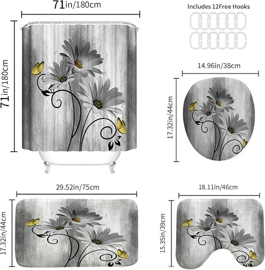 Onalasyc 4PCS Grey Daisy Floral Bathroom Sets with Shower Curtain and Rugs | Country Floral Butterfly Shower Curtain Set,Modern Bathroom Decor Shower Curtains Set with Rugs Toilet Lid Cover and 12 Hooks