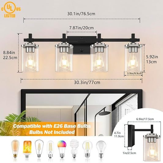 4-Lights Black and Brushed Nickel Vanity Lights with Clear Glass Shade, Bathroom Wall Light Fixtures, 30.3 Inch Large Vanity Lighting Fixture for Bathroom Mirror Living Room 