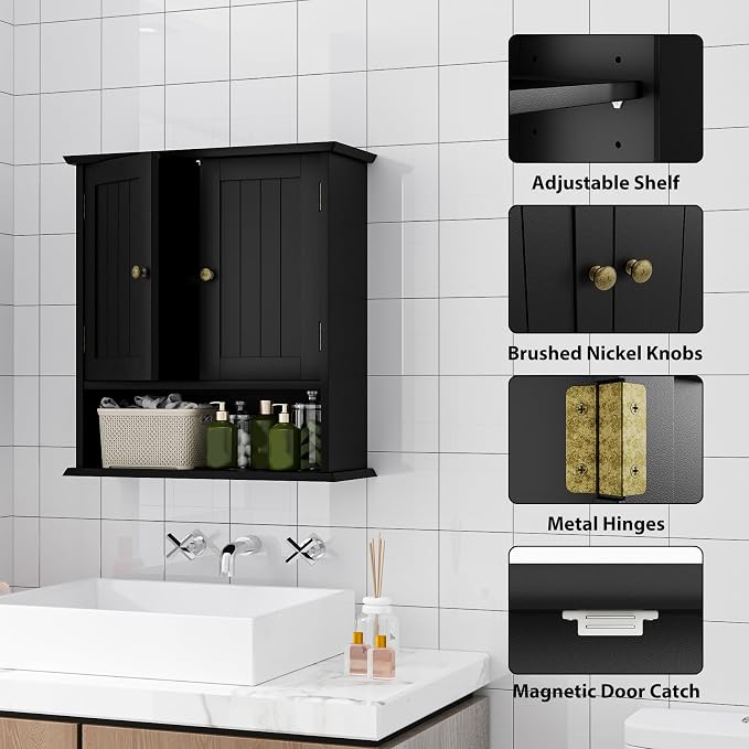Bathroom Wall Cabinet, Bathroom Cabinet Wall Mount with 2 Doors and Open Shelf, Over The Toilet Wall Storage, Wooden Medicine Cabinets