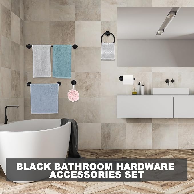 Gisafai 25 Pcs Matte Black Bathroom Accessories Hardware Set Black Towel Racks for Bathroom SUS304 Stainless Steel 23.6 Inch Towel Bar Ring Toilet Paper Holder Robe Hooks for Wall Mounted