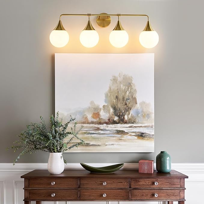 Bathroom Vanity Light Fixtures: 4 Lights Mid Century Modern Bathroom Lighting Fixtures Over Mirrors - Brass Gold Wall Sconce with Milky Glass Ball Shades for Bath Bedroom