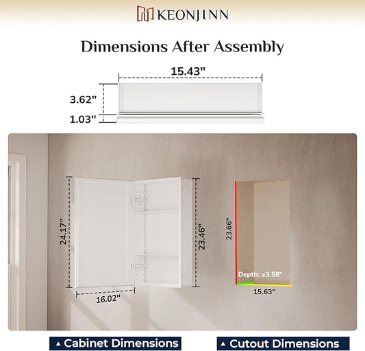 Keonjinn White Medicine Cabinet Mirror 16 x 24, Stepless Adjustable Shelves | Assembly Needed, Wall-Mounted or Recessed, Lightweight Aluminum, Beveled Framed Bathroom Mirror with Storage, Tempered Glass