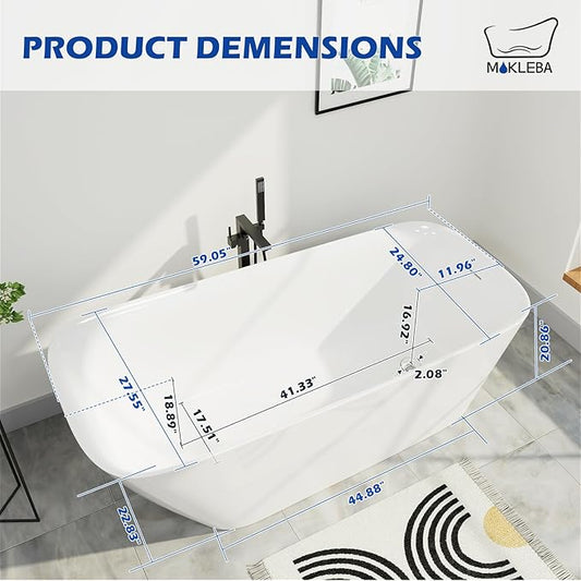 59" Acrylic Freestanding Bathtub, Single Slipper Free Standing Tub, Soaking Tub with Integrated Slotted Overflow, Toe-Tap Chrome Drain, cUPC Certified, Glossy White