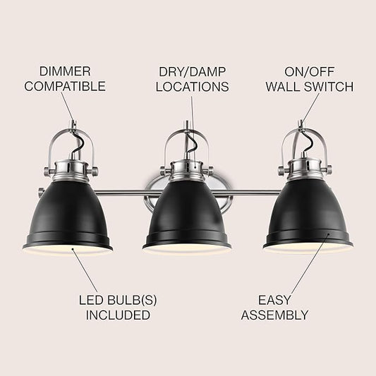JONATHAN Y 25.5" Black/Nickel 3-Light LED Vanity Light, Adjustable Wall Sconce for Bathroom Mirror, Farmhouse Bohemian Kitchen Light, Iron Black Bell Shade (JYL1116A)