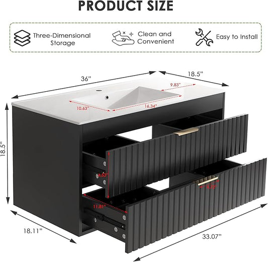 36" Bathroom Vanity with Sink, Floating Bathroom Vanity with 2 Fluted Drawers & Metal Handle, Wall Mounted Cabinets with Integrated Ceramic Sink for Apartment, Home, Black