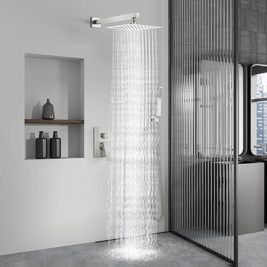 Aolemi Shower Faucet Set with Handheld Brushed Nickel 8 Inch Head | Pressure Balance Shower Valve and Trim Kit,SUS304 Rain Head and Handle System,All Metal,Wall Mount,Bathroom,Handheld Spray