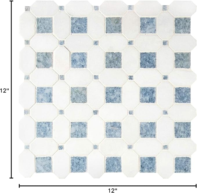 MSI Azula Hatchwork 12 in. x 12 in. Geometric Squares Polished Marble Mesh-Mounted Mosaic Wall Tile for Bathroom, Floor Tile and Kitchen Backsplash, White, Blue