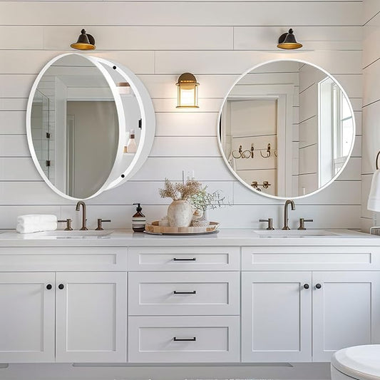 24 Inch Round Medicine Cabinet with Mirror, White Bathroom Medicine Cabinet for Wall Metal Framed, Surface Mount Only Circular Storage Cabinet with Vanity Mirror