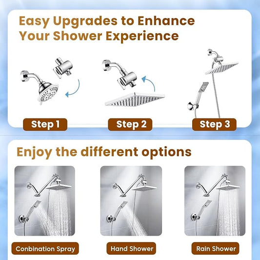 BRIGHT SHOWERS Rain Shower Head with Handheld Spray, 8 Inch High Pressure Rainfall Shower Head Combo with 60” Hose, Adjustable Dual Square Showerhead with 3-Way Diverter, Wall Bracket, Chrome