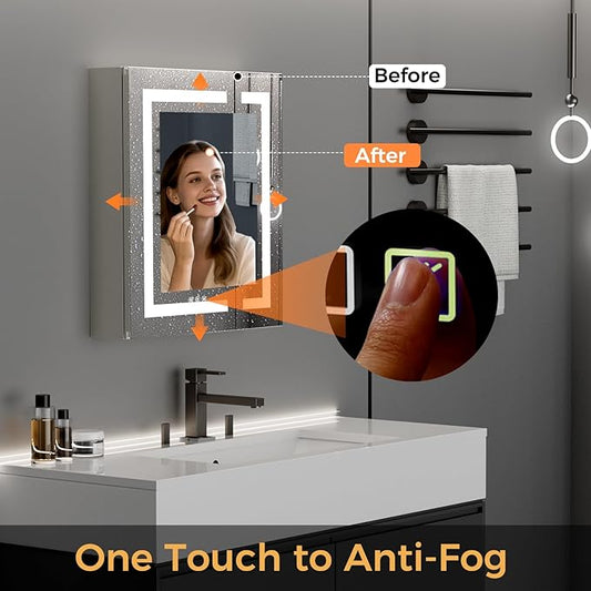 24 * 26 Bathroom Lighted Medicine Cabinet, Professional Makeup Medicine Cabinet Mirror, Large Storage LED Mirror with USBs, Stepless Dimming & Anti-Fog, 3-Color Light