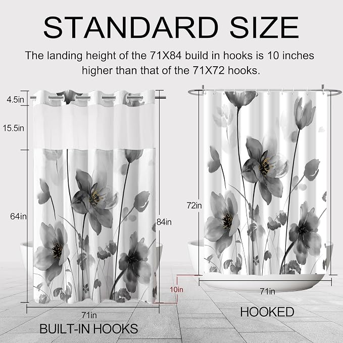 No Hook Shower Curtain and Liner Set, Black Boho Floral 71x84 | Watercolor Boho Flower, with Snap in Liner, Waterproof, Machine Washable, Quick-Drying, for Hotel Bathroom
