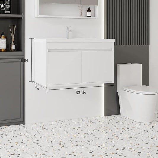 32'' Bathroom Vanity with Ceramic Sink Combo, Wall Mounted Small Bathroom Vanity with Soft-Close Door Modern Floating Cabinet, Pop-up Drain, P-Trap Included, White(No Faucet)