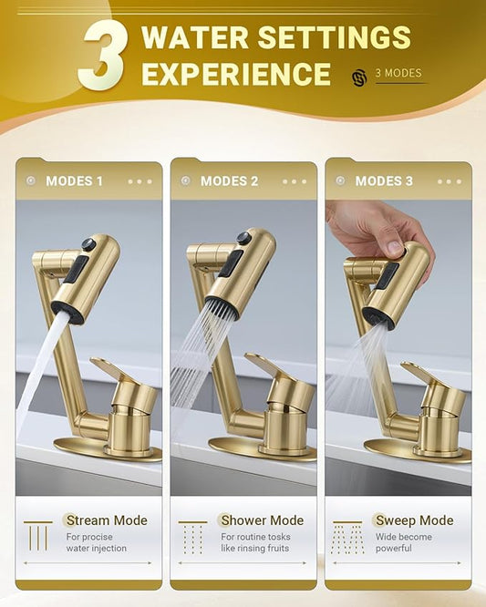 Single Handle Bathroom Faucet, 1080° Swivel Rotatable Faucet with 6'' Deck Plate, Short Bath Sink Faucets for Kitchen Rv Bath Lavatory Sink 1 or 3 Hole, Brushed Gold