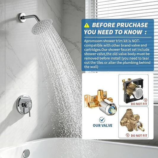 Chrome Shower Head and Faucet Set Complete with Valve Shower Fixtures with 6 Inch High Pressure Rain Shower Head Trim Kit for Standard Bathroom Upgrades - Regaderas Para Baño Modernas