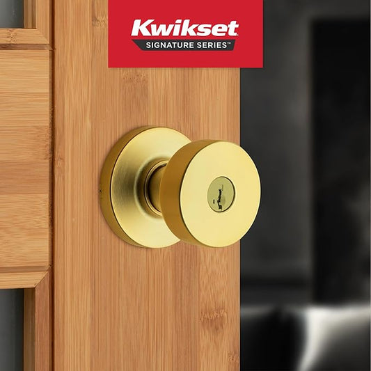 Kwikset Pismo Entry Door Knob with Lock and Key, Secure Keyed Handle Exterior Doorknob, Front Entrance and Bedroom, Satin Brass, Round, Pick Resistant SmartKey Rekey Security, Microban Protection