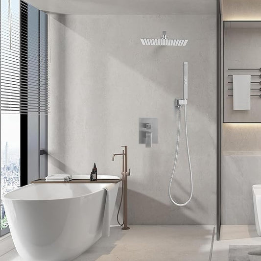 RUMOSE Shower Faucet Set Bathroom Rain Shower Head with Handheld, Nickel | 12 Inch Rainfall Shower System with Rough-in Valve, High Pressure, 2 in 1 Handheld, Brass, Wall Mount