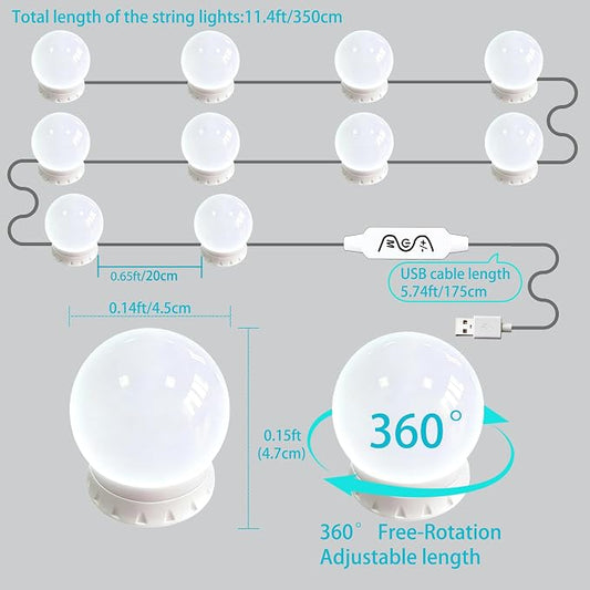 LED Voice-Activated Vanity Lights for Mirror Consciot Hollywood Style Vanity Lights with 10 Dimmable Bulbs(White-Voice- Hollywood Style-Lights)