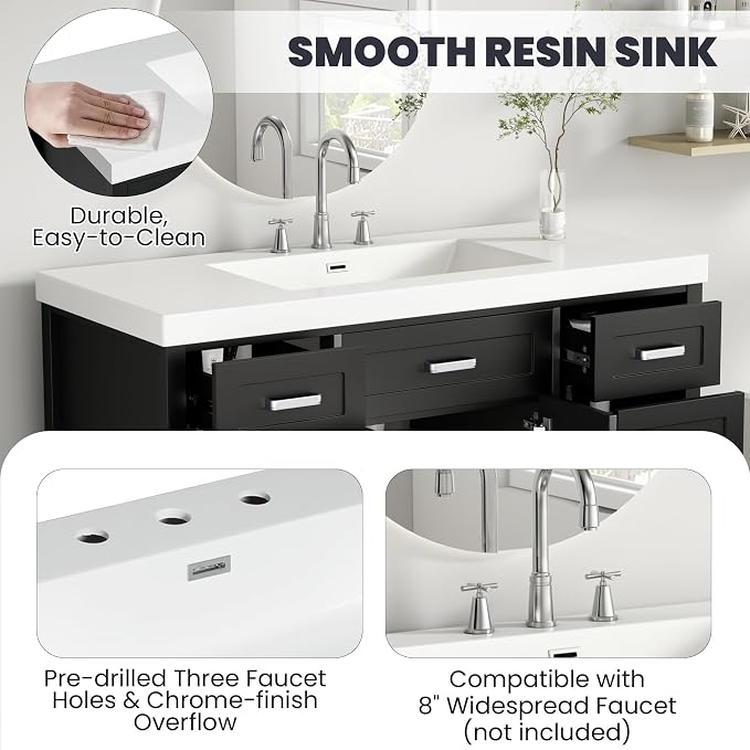 48" Bathroom Vanity with Sink, Soft Closing Doors and Drawers, Solid Wood and MDF Bathroom Sink Cabinet with Storage, Freestanding (Black)