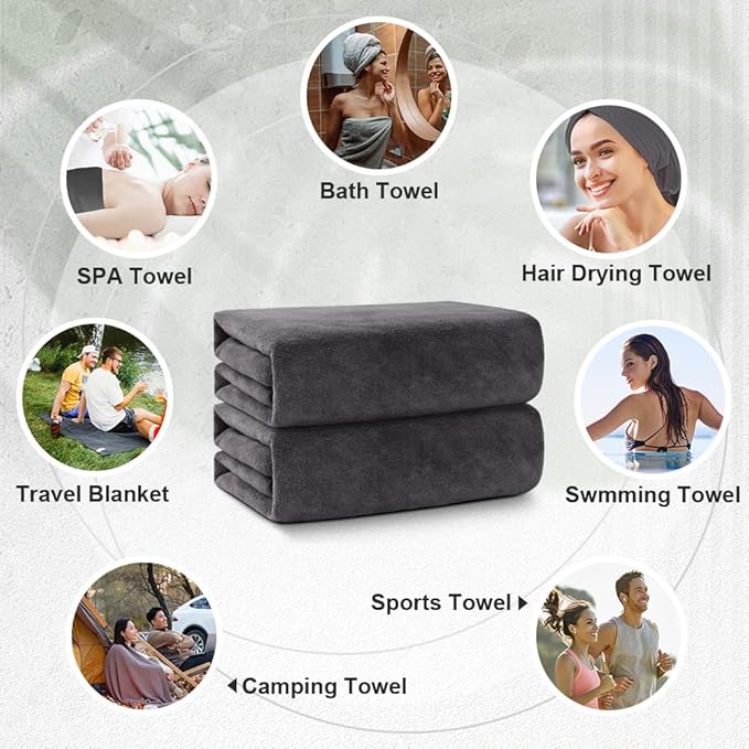 Orighty Bath Towels, Soft Feel Bath Towel, 2 Pack (27'' x 54'') | Highly Absorbent, Quick Drying Microfiber Towels for Body, Sport, Yoga, SPA, Fitness, Bathroom - Dark Grey