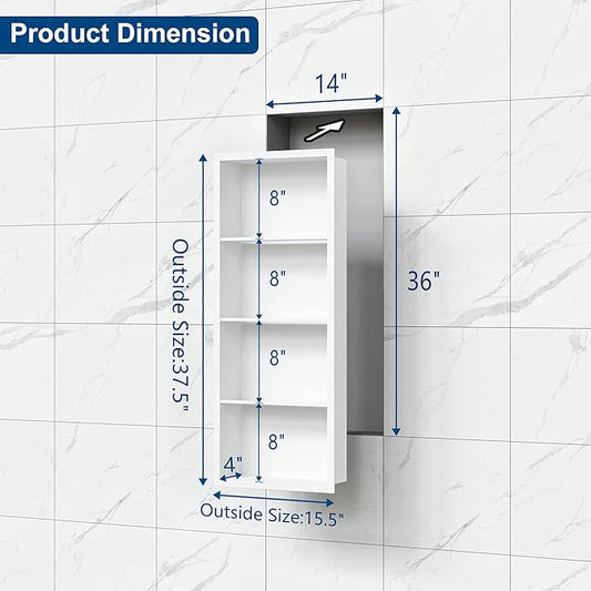 14x36 Recessed Medicine Cabinet, Medicine Cabinet No Mirror, 304 Stainless Steel Medicine Wall Niche with 4-Tiers Shelves, Matte White