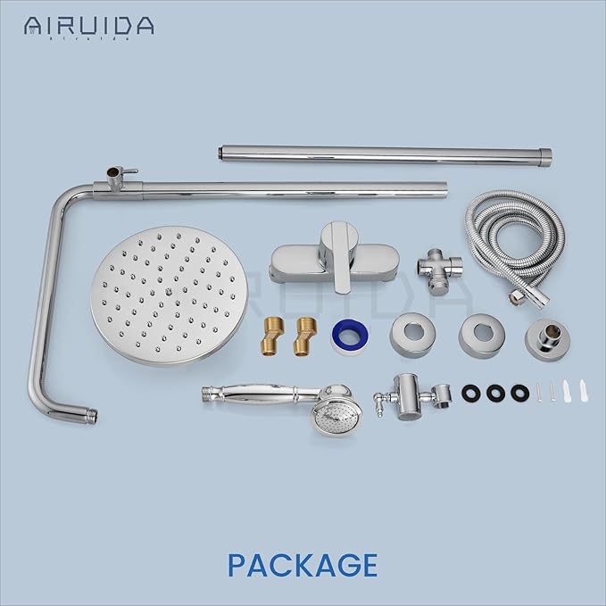 Airuida Exposed Shower System, 8 Inch Rainfall Shower Head with Handheld Spray, Single Handle Wall Mount Shower Faucet Set, Solid Brass Dual Function Exposed Pipe Fixture for Bathroom,Chrome Polish