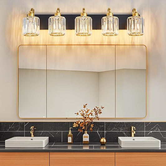 Black Gold Crystal Crooked Vanity Lights Over Mirror 5 Lights Bathroom Wall Lighting Fixtures with Round Shade (Exclude Bulb)