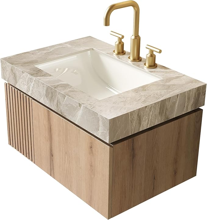 KEIKI 30 Inch Floating Bathroom Vanity with Sink, Modern Wall Mounted Storage Cabinet with Drawer, Pre-Assembled Waterproof Wood Panels, Sintered Stone Top & Ceramic Basin Combo Set, White Oak & Grey