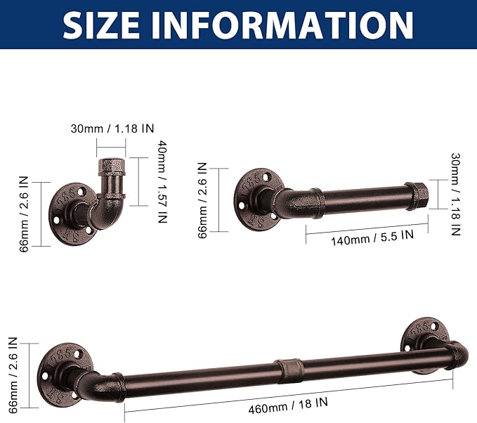 NearMoon 5-Pieces Industrial Pipe Bathroom Hardware Set, Include Towel Bar, Toilet Paper Holder and 3 Robe Hooks, Heavy Duty DIY Style Wall Mounted Rustic Decor Accessories Kit (Bronze, 18 Inch)