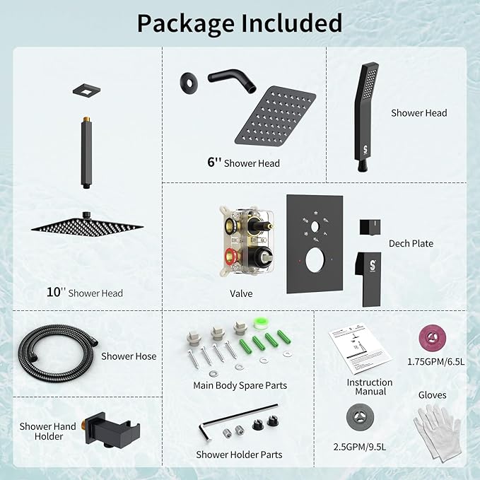 Shower Faucet Set Shower System - SR SUN RISE Matte Black Shower Trim Kit with Dual Shower Head, 10'' Ceiling Rainfall 6'' Wall Mount with Handheld Shower for Couples, Complete 6 Diverter Valve