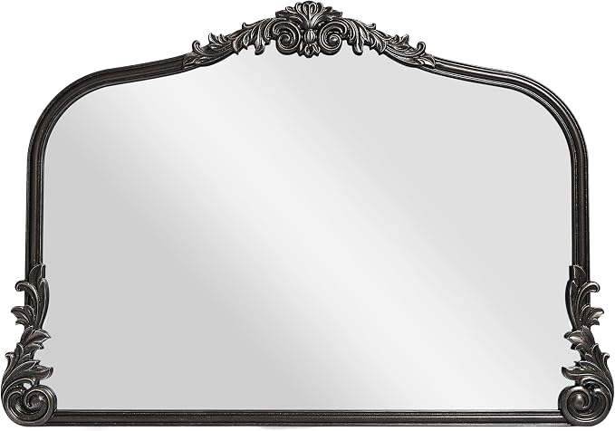English Estate Carved Arch Wood Wall Mirror, Mirror for Entryway, Living Room, Bathroom, Distressed Black, 26x37