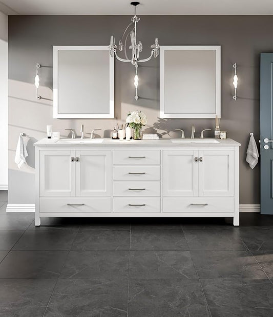 Eviva Aberdeen 84 in. White Double Sink Bath Vanity with Carrara Quartz Top and Undermount Porcelain Sinks