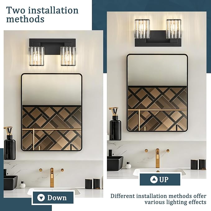 Matte Black Bathroom Light Fixtures, 2-Light Square Crystal Vanity Light | Wall Sconces with Square Crystal Shades, E26 Socket, Modern Vanity Lights for Bathroom (Bulbs Not Included)