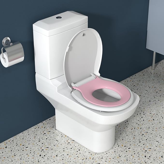 17" Round Pink Toilet Seat for Adult and Child, Built-In Potty Training Seat with Soft Quiet Close Non-Slip Design, Magnetic Kids Seat and Cover for Round Toilets, Easy to Install and Clean