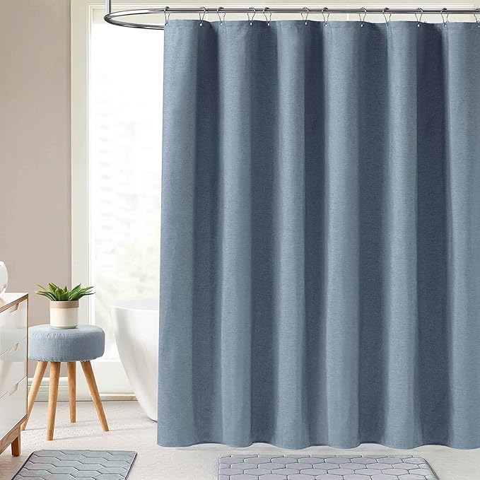 BTTN 96 Inch Extra Long Shower Curtain - Linen Textured Heavy Duty Tall Fabric Shower Curtain Set with 12 Plastic Hooks, Large Simple Neutral Cloth Shower Curtains for Bathroom, 72x96 Inch, Blue Gray