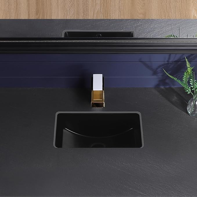 Black Undermount Bathroom Sink 16.7x10.7 Inch Small Bathroom Sink Matte Black Bathroom Under Counter Lavatory Vanity Sink Basin Rectangular Porcelain Ceramic Undermount Sinks with Overflow