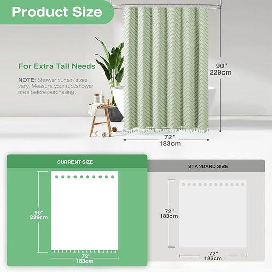 Dynamene Extra Long Shower Curtain and Liner Set - 90 inch Tall Boho Shower Curtain and Waterproof Clear Liner, Tufted Chevron Striped Tassel Shower Curtains for Bathroom, 12 Hooks, 72x90, Sage Green