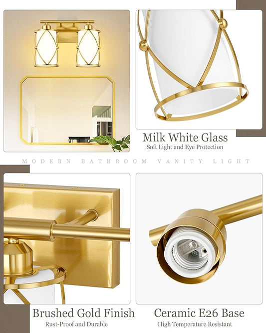 2-Light Brushed Gold Bathroom Light Fixtures with Milk Frosted Glass, 13.8" Modern Bathroom Vanity Lighting Fixtures Over Mirror with Metal Cage, Wall Sconce Lights for Bath, E26, CH9176BGW-2W