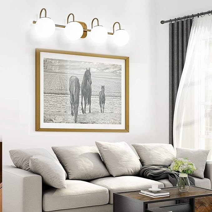 New Bathroom Vanity Light Fixtures 4-Lights Brushed Brass Frame and Milk White Glass Globe Shade Modern Wall Sconce Lighting Bath Vanity Lights Bar Over Mirror (Exclude G9 Bulb)