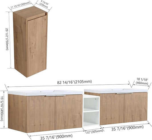 SSLine 84-Inch Double Sink Vanity Modern Wall Mounted Bathroom Vanity with Double Sink 84" Large Floating Bathroom Vanities Set with White Open Storage Shelf & 1 Side Cabinet,Brown White