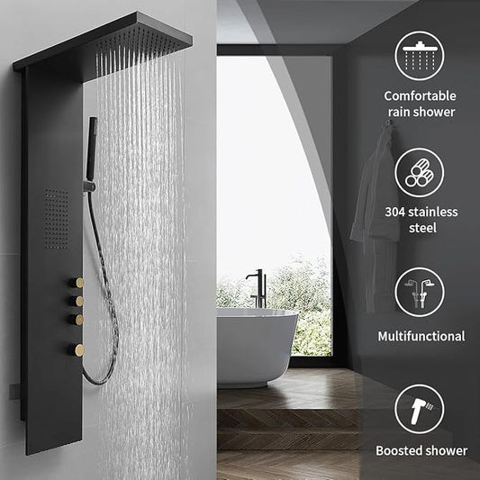 Shower Panel Tower System 3-Functions Wall Mount Black | Stainless Steel,Square Rainfall Shower Head,Massage Body Jets and Handheld,Contrast Gold Control Knobs,Modern Minimalist
