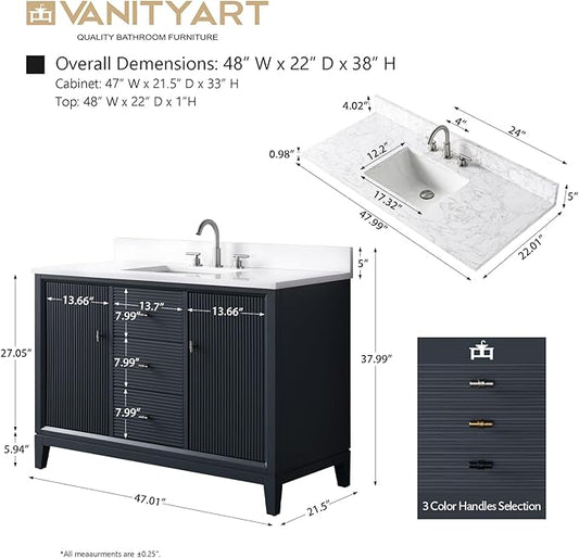 Vanity Art 48" Bathroom Vanity with Single Sink & Arabescato White Engineered Stone Top, Soft Closing Door, Solid Wood Frame, Golden Brushed Handles, Vintage Spruce Blue VA8148-VSB-GB
