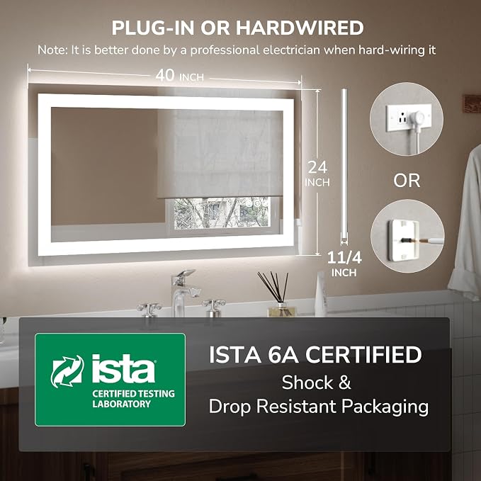 40x24 Inch LED Bathroom Mirror for Over Sink | Tempered Glass - Frameless Backlit Lighted Mirror for Bathroom Vanity with Anti-Fog, 3 Colors Dimmable, Memory Function