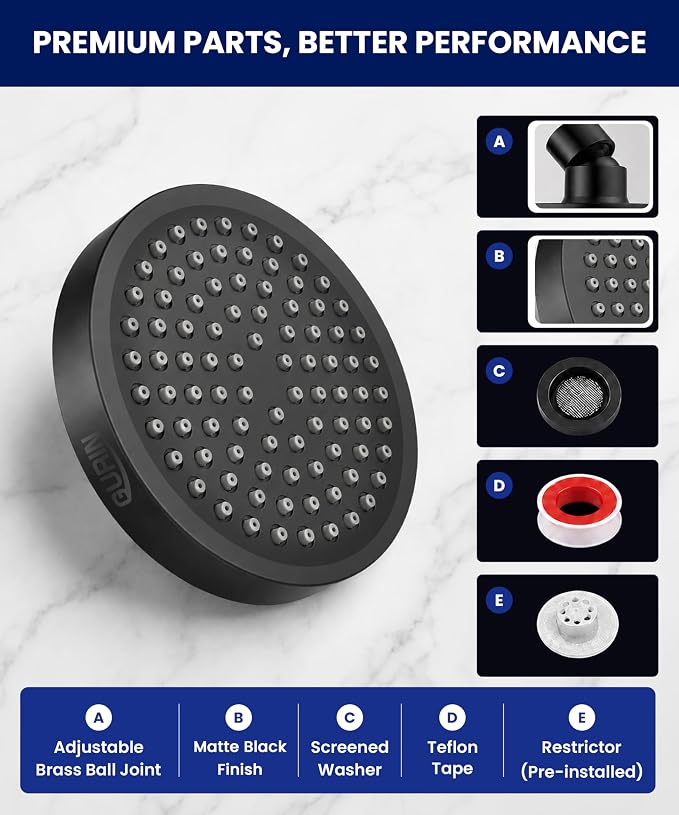 Shower Head - Luxury Matte Black Finish - Rain Showerhead 6 Inch | High Pressure Shower Heads with Adjustable Angles, 90 Anti-Clog Nozzles, Tool-Free 1-Min Install