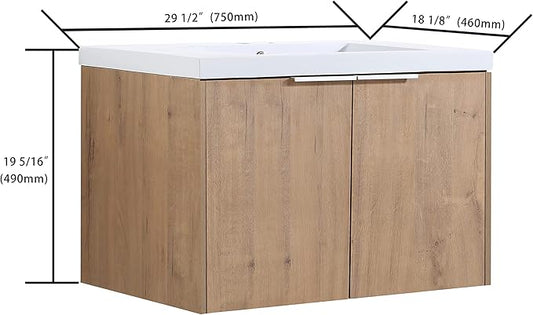 Goujxcy 30" Wall Mounted Vanity With Sink, Modern Floating Cabinet With White Resin Wash Basin & Storage, Soft-Close Door Plywood Hanging Bathroom Cabinet (Imitative Oak)