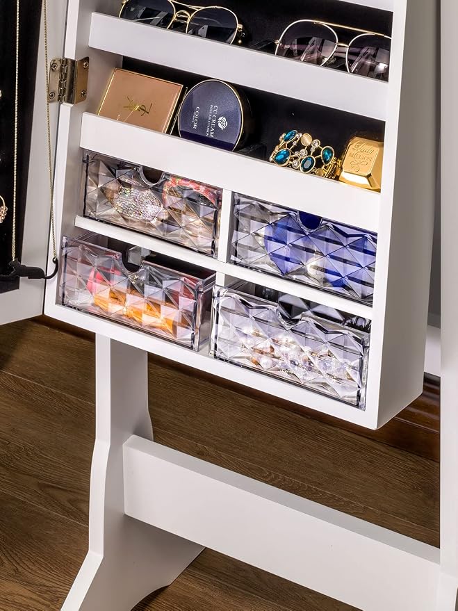 LUXFURNI 62.6" Standing Jewelry Armoire Cabinet with Storage Mirror | Builtโin LED Makeup Mirror, 3 Tilt Angles, 48H Runtime with 6AA Batteries, Acrylic Lipstick Tray, Engineered Wood for Bedroom