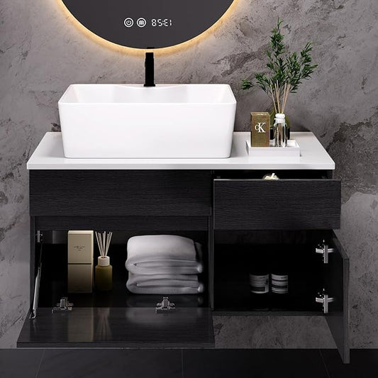 31.5" Floating Bathroom Vanity with Sink, Soft Closing Drawers, Solid Wood Modern Single White Bathroom Vanity Cabinet with Drawers and Shelves, Wall Mounted