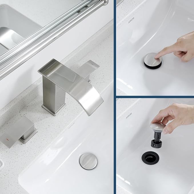 Waterfall Bathroom Faucet, 3 Hole Widespread, Brushed Nickel, 8 Inch, 2-Handles, Pop-Up Drain, Modern, Bathroom Sink, Bathtub, Vanity, RV, Farmhouse Sink