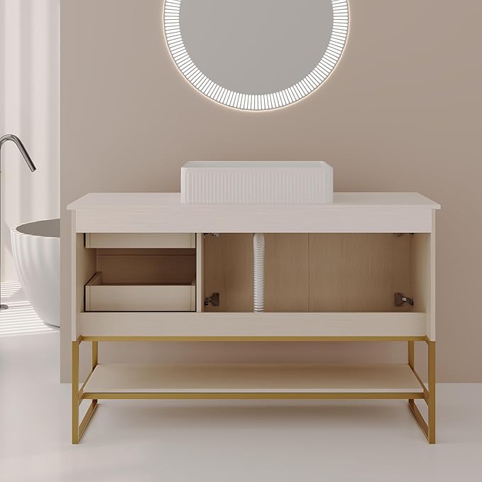 47.2 inch Modern Bathroom Vanity with Ceramic Vessel Sink, Gold Accent Freestanding Bathroom Cabinet with Wood Countertop, Soft Closing Cabinet, 2 Sliding Drawers & Open Storage Shelf, White Oak