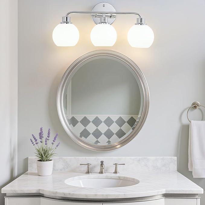 Chrome Vanity Light Bathroom Light Fixtures 3 Light Silver | Wall Sconces Lighting with Milk Globe Glass Shades Bath Wall Lamp for Mirror Kitchen Living Room Bedroom Hallway